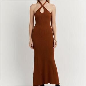 DISSH Toni Halter Dress Brown Keyhole Ribbed Knit Keyhole Maxi Size Small